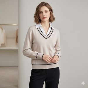 Kaily K Cream V-Neck Sweater with Black Contrast Trim Size L